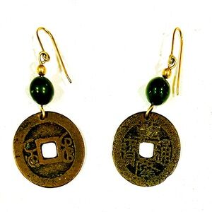 Authentic Vintage Chinese I-Ch'ing Coin with Jade Earrings.